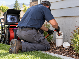 Plumber inspecting a residential sewer line with a drain camera