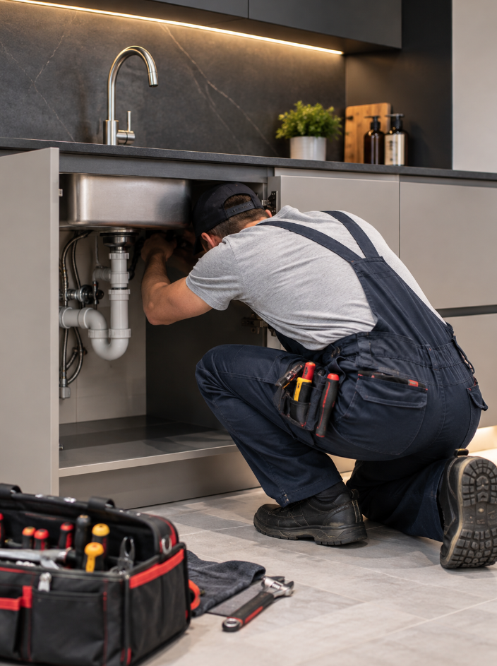 Plumber repairing pipes beneath a kitchen sink