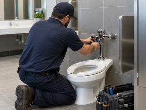 Plumber repairing a commercial restroom fixture