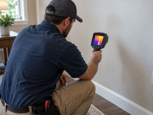 Plumber using a thermal camera to check for a hidden water leak