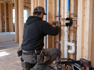 Plumber installing plumbing lines in a new construction home