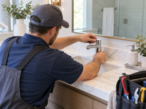Plumber installing a bathroom faucet
