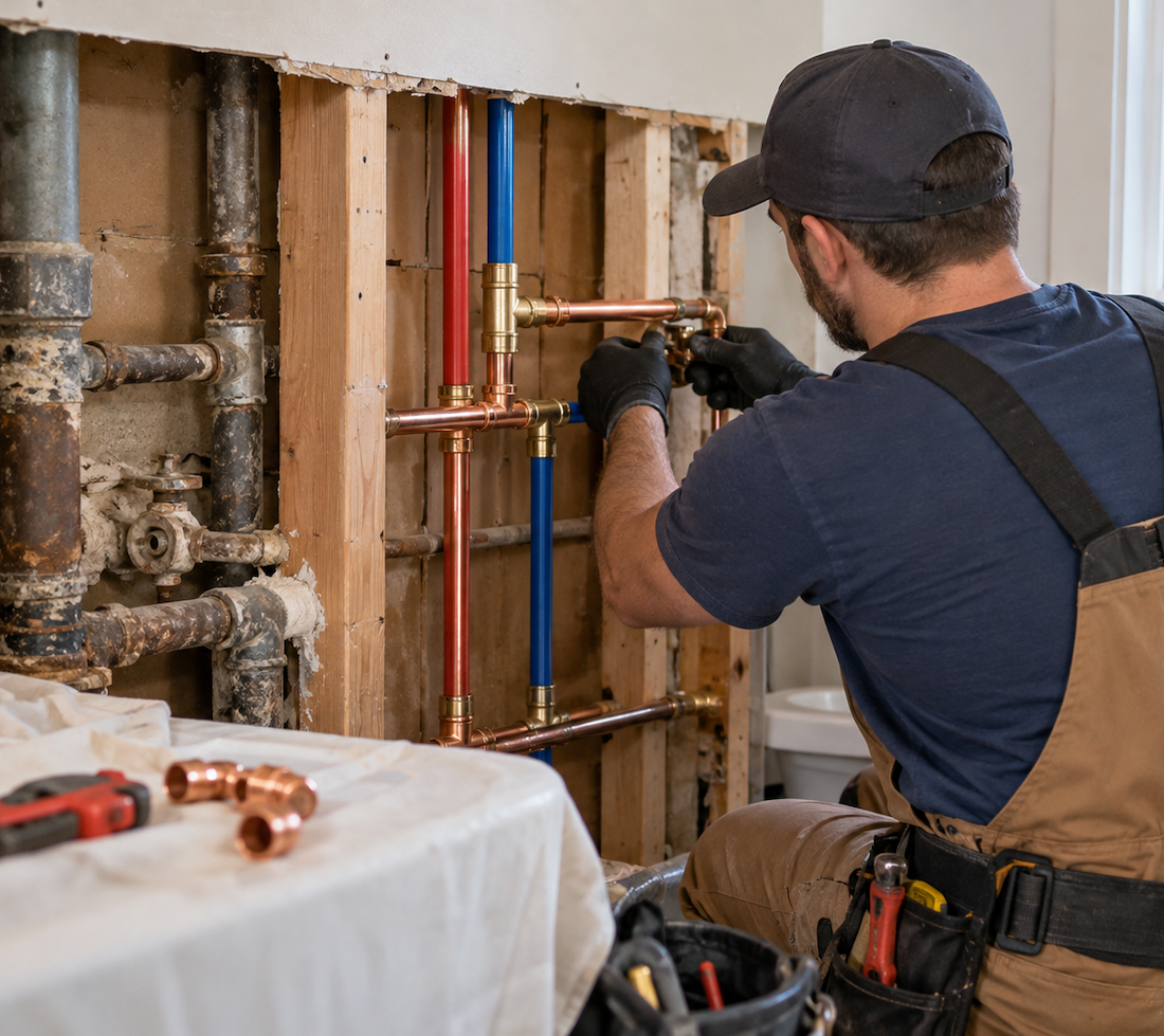 Plumber upgrading residential plumbing pipes