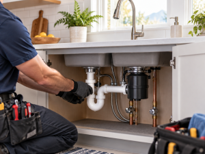 Plumber upgrading pipes beneath a kitchen sink