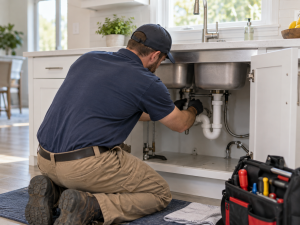 Plumber repairing residential plumbing beneath a kitchen sink