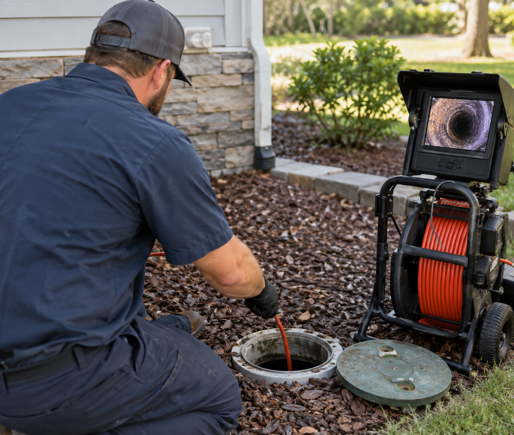 Plumber inspecting a residential sewer line with a drain camera