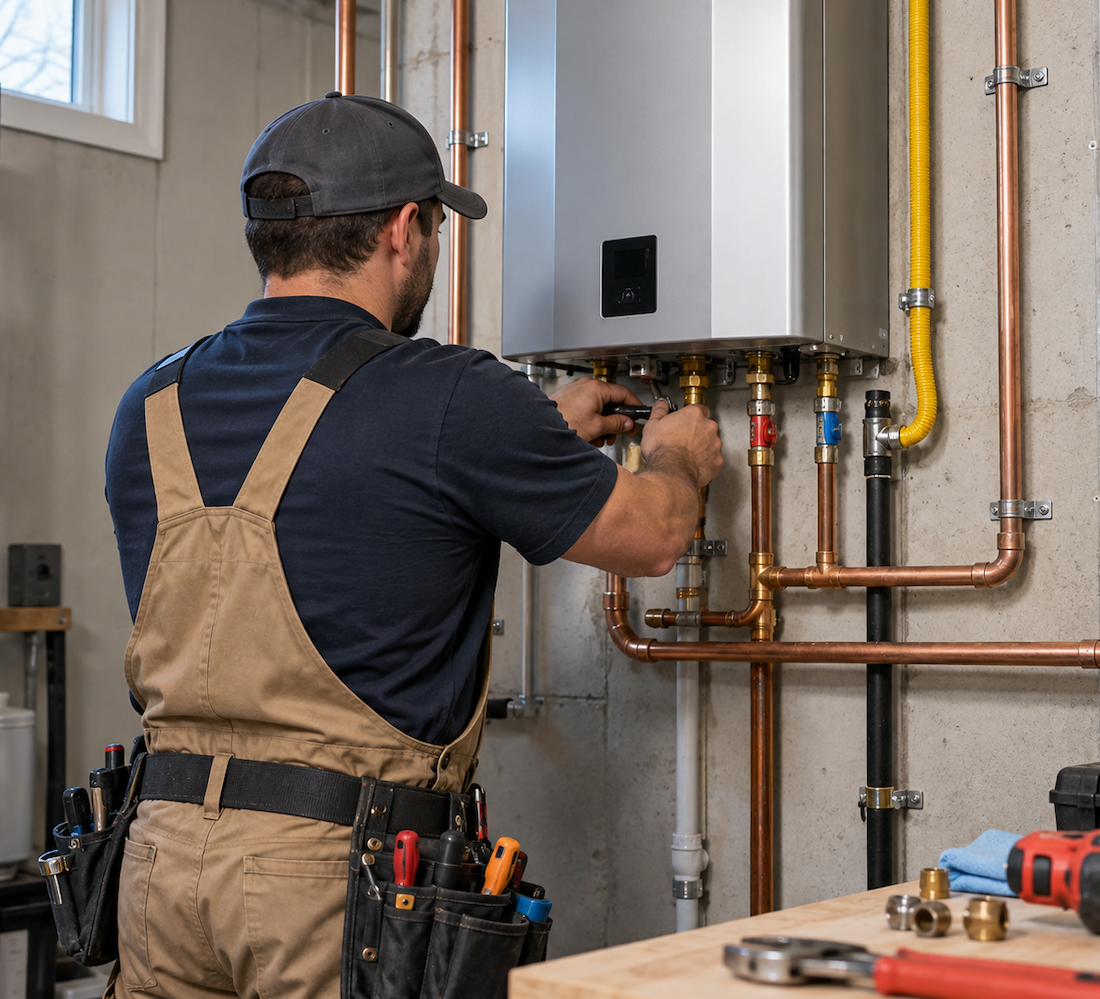 Plumber installing a tankless water heater