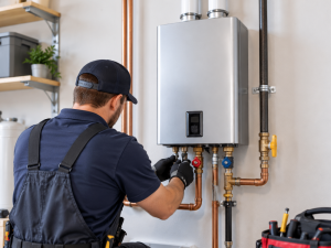 Plumber installing a tankless water heater
