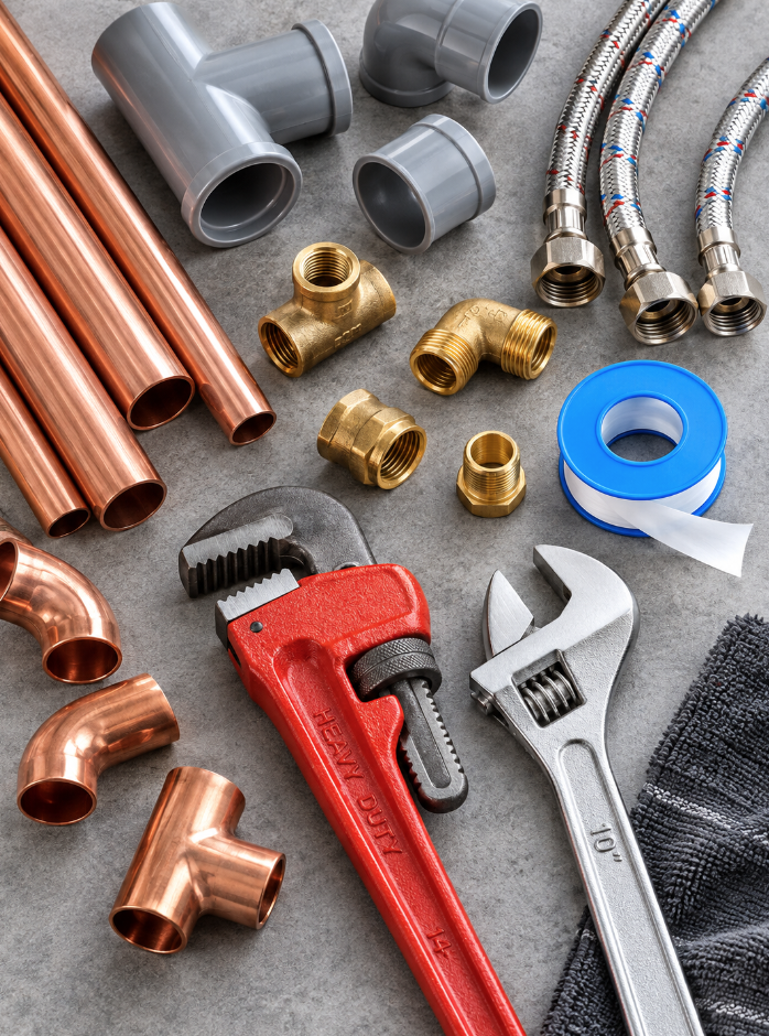 Plumbing pipes, fittings, and tools used by APS Plumbing