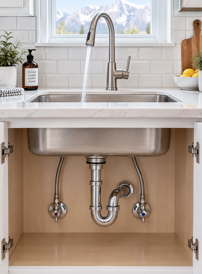 Kitchen sink with exposed plumbing beneath the cabinet