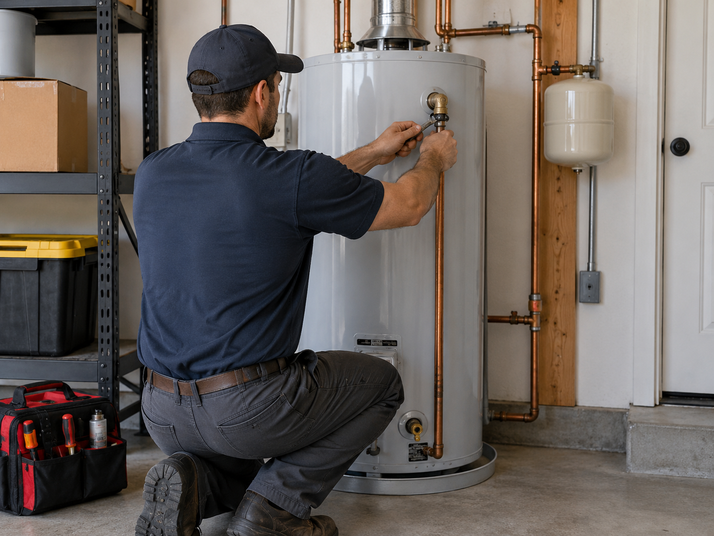 Plumber installing a traditional tank water heater